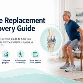 Knee Replacement Recovery Guide hero image showing home-based recovery exercises and progress icons.