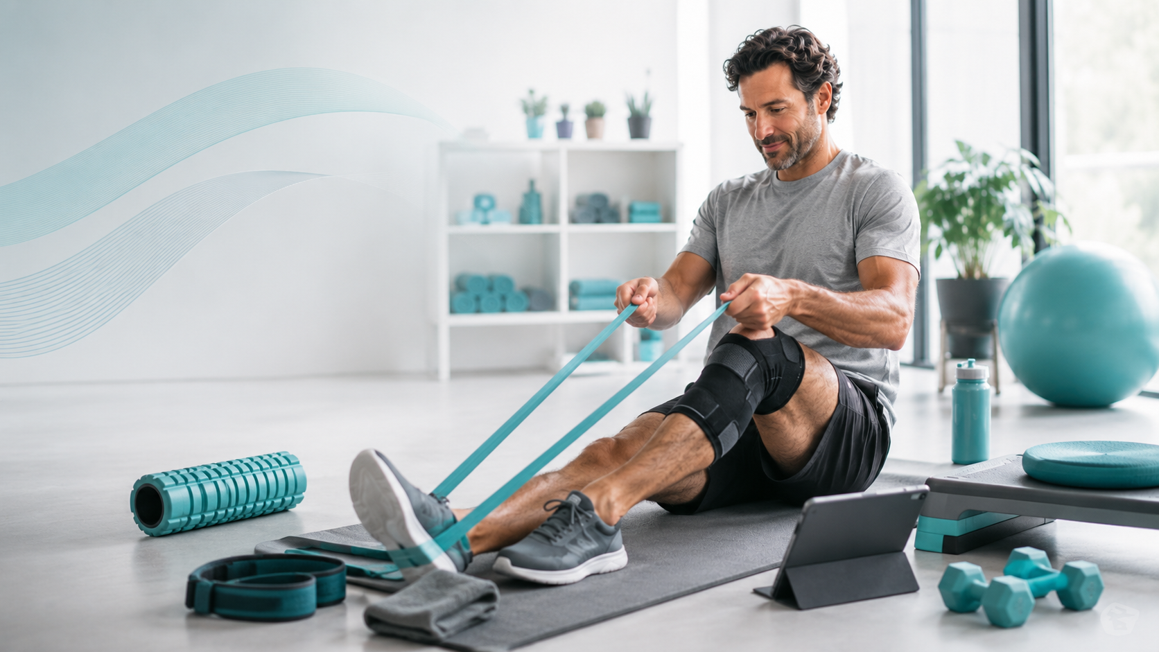 Person performing a guided knee exercise while following an exercise program on a tablet.