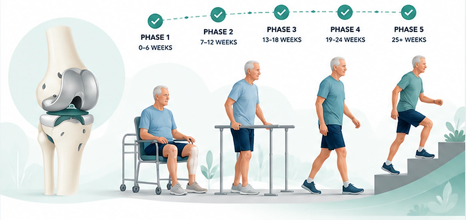 Total Knee Replacement Recovery Guide showing phase-based progression and return to function